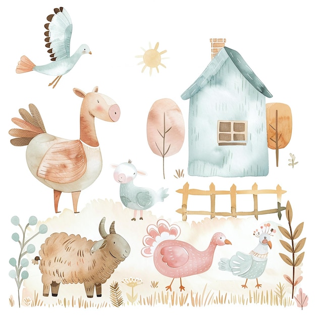 a drawing of a farm with a house and a chicken