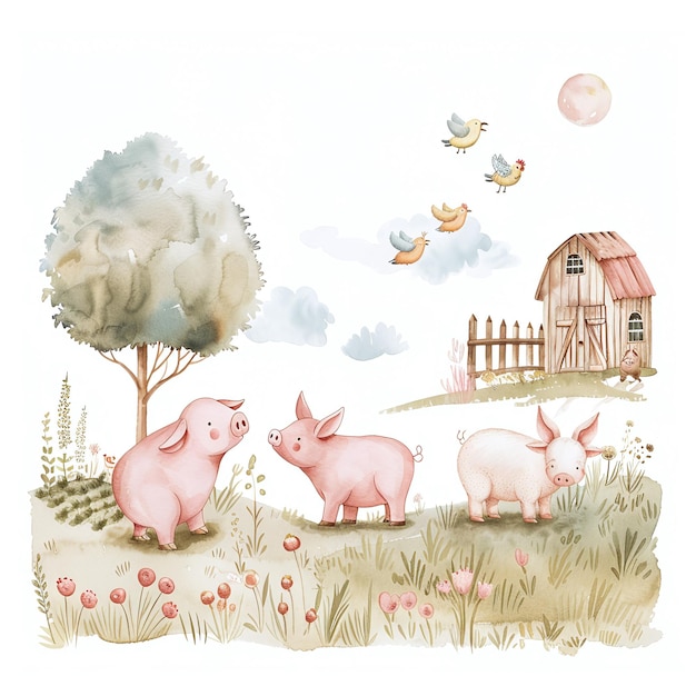 a drawing of a farm with pigs and a fence