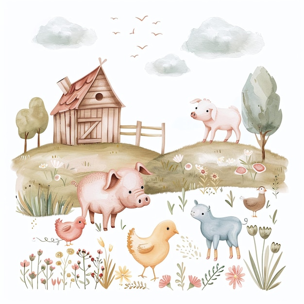 a drawing of a farm with pigs and a house in the background