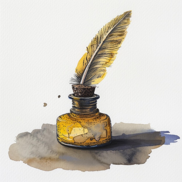 a drawing of a feather in a bottle of ink