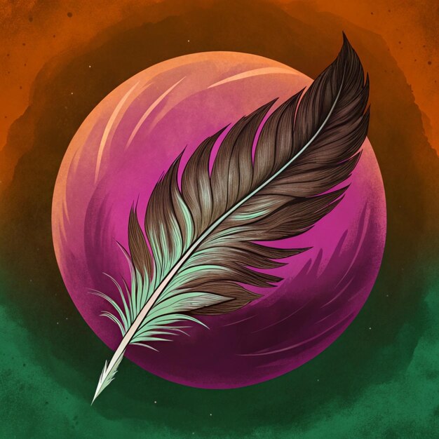 Photo a drawing of a feather with a green background with a pink and orange background