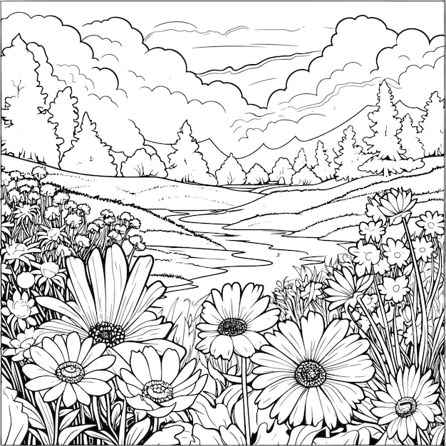 a drawing of a field with daisies and trees