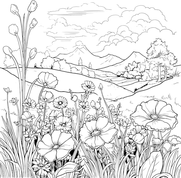 a drawing of a field with flowers and mountains in the background