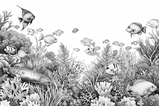 Photo a drawing of fish and plants with fish in the background