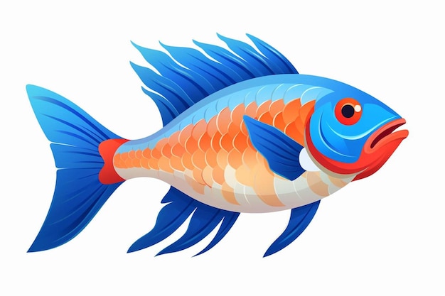 a drawing of a fish with orange and blue feathers