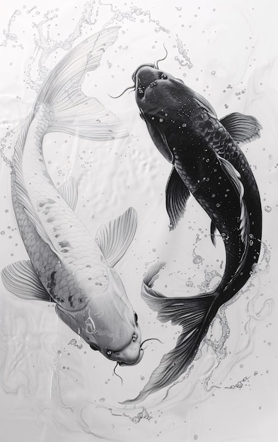 a drawing of fish with the word koi on itTwo black and white koi fish swim on the water festive koi