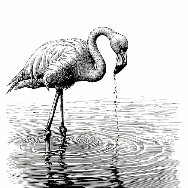 drawing of a flamingo standing in water