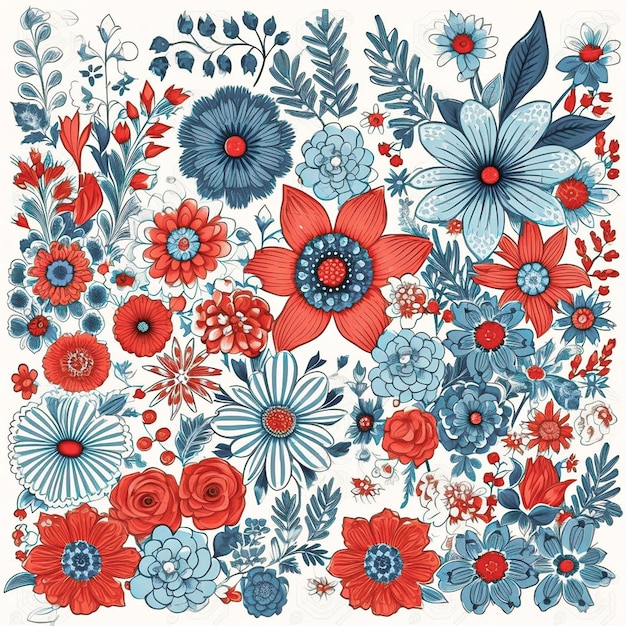 A drawing of a floral arrangement with red and blue flowers.