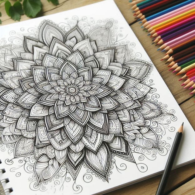 a drawing of a flower is drawn on a notebook