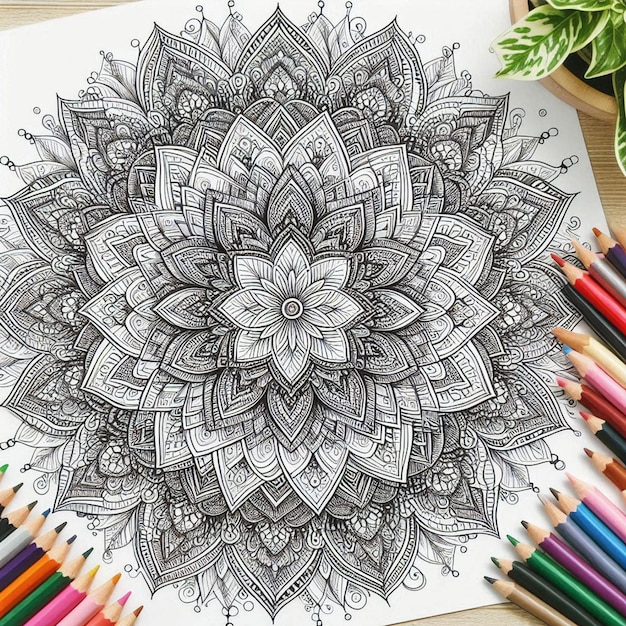 a drawing of a flower is on a table with many pencils