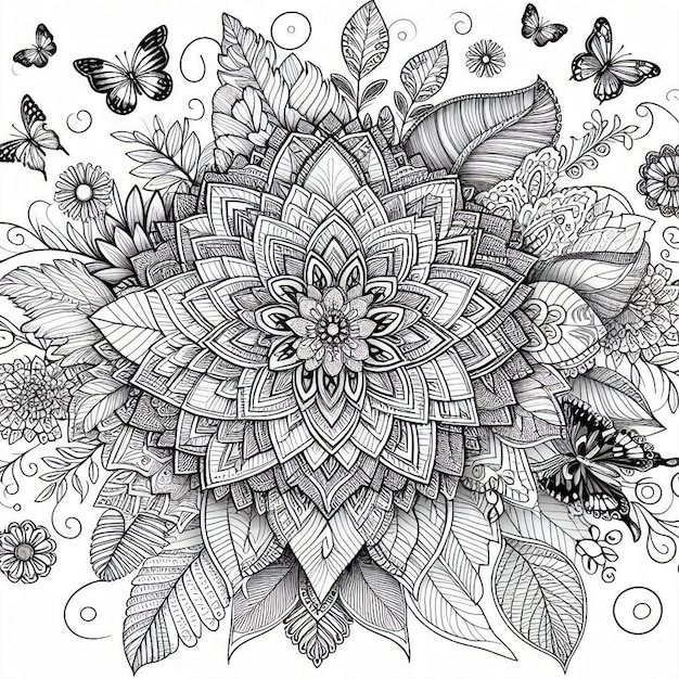 Photo a drawing of a flower with butterflies and butterflies