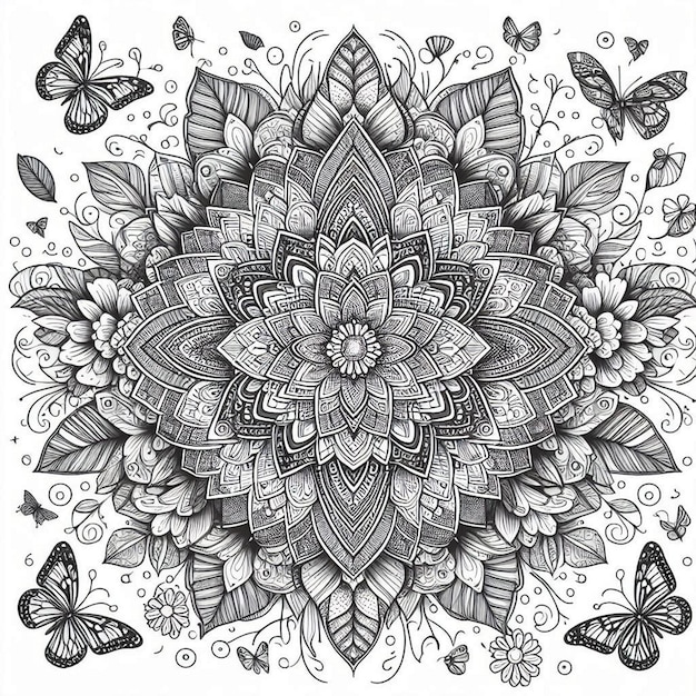 Photo a drawing of a flower with butterflies and butterflies