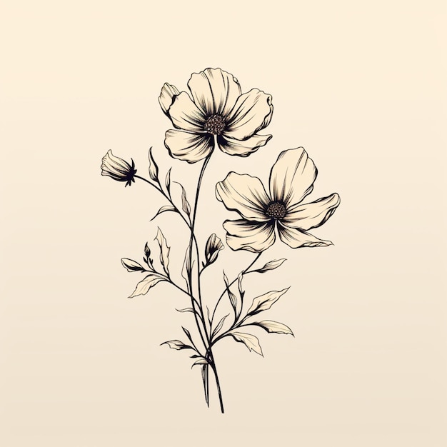 a drawing of a flower with leaves on a white background generative ai