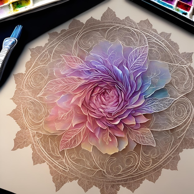 A drawing of a flower with a paintbrush and a paintbrush.