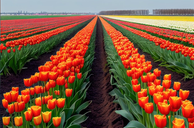 Drawing of a flowering field of tulips in holland Generative AI