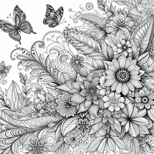 a drawing of flowers and butterflies with butterflies and butterflies