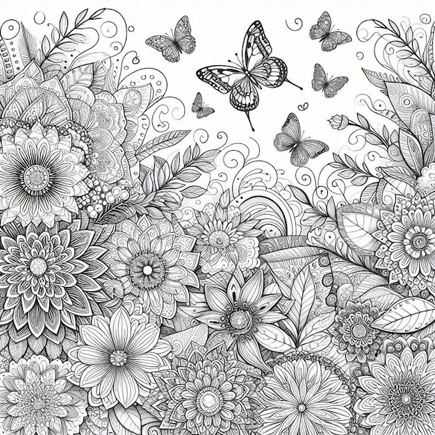 a drawing of flowers and butterflies with butterflies and butterflies