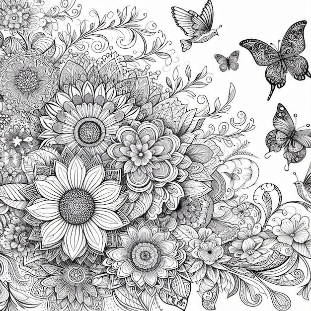 a drawing of flowers and butterflies with butterflies and butterflies