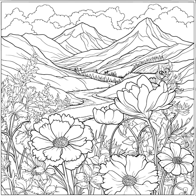 a drawing of flowers and mountains with a dragon on it