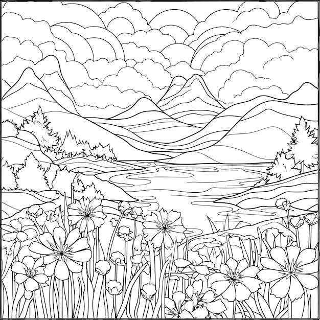 a drawing of flowers and mountains with a lake in the background