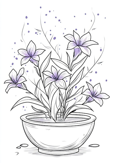 Photo a drawing of flowers in a vase with a drawing of purple flowers