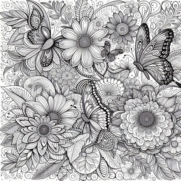 a drawing of flowers with butterflies and butterflies