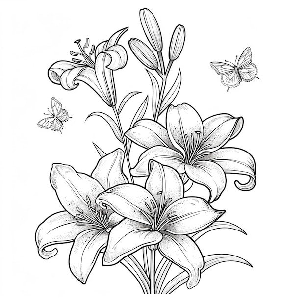 Photo drawing of flowers with butterflies for coloring book