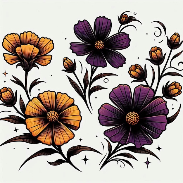 a drawing of flowers with a star on the top