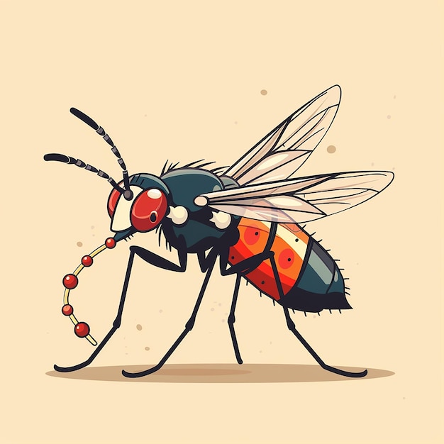 a drawing of a fly with a red and orange background