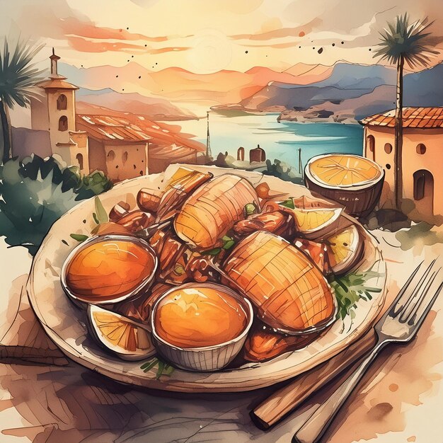 Photo a drawing of food on a table with a sunset in the background