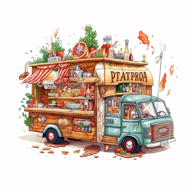 A drawing of a food truck with a sign that says platfood.