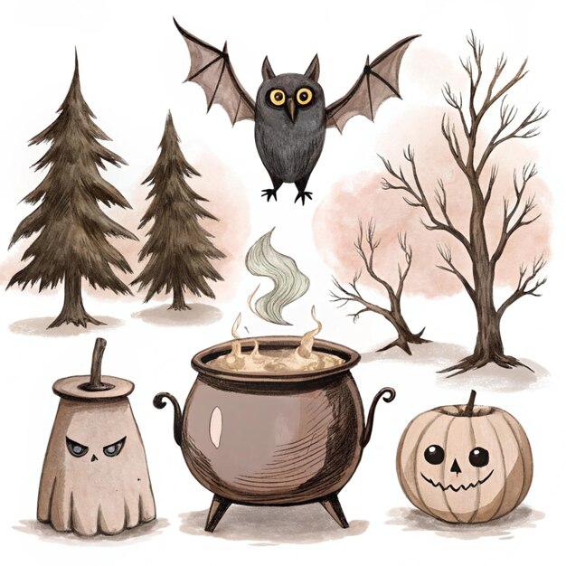 a drawing of a forest with a bat and a pot of pumpkins