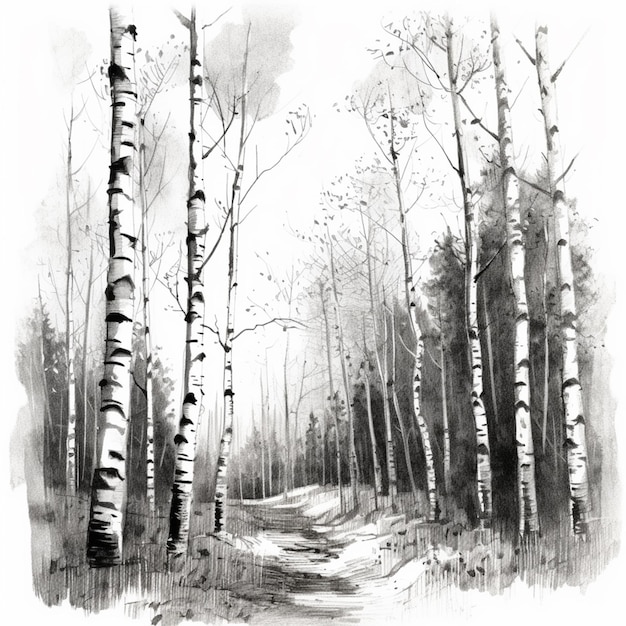 a drawing of a forest with a path and trees generative ai