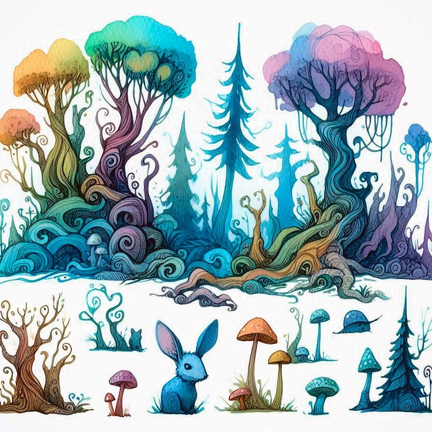 a drawing of a forest with a rabbit and mushrooms