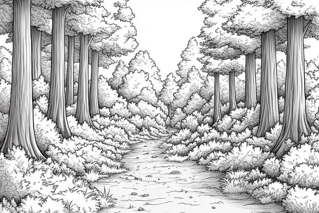 Photo a drawing of a forest with trees in the background