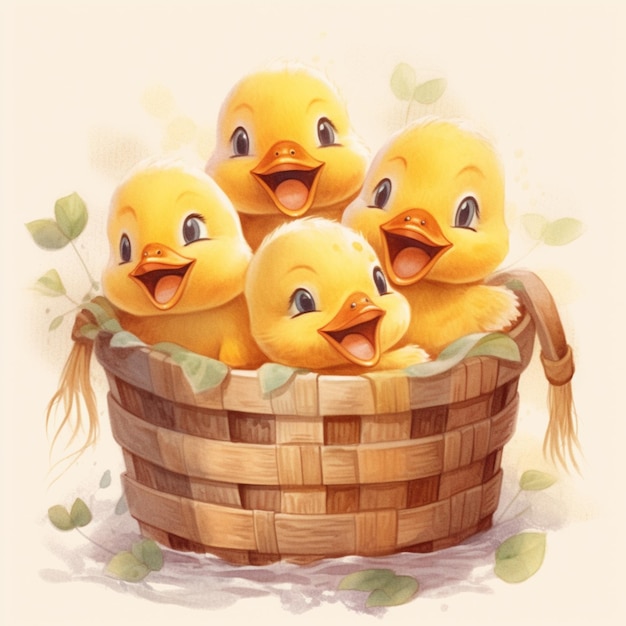 A drawing of four yellow chickens in a basket