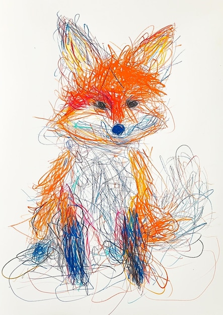 Photo drawing of a fox with colored hair sitting on a white surface