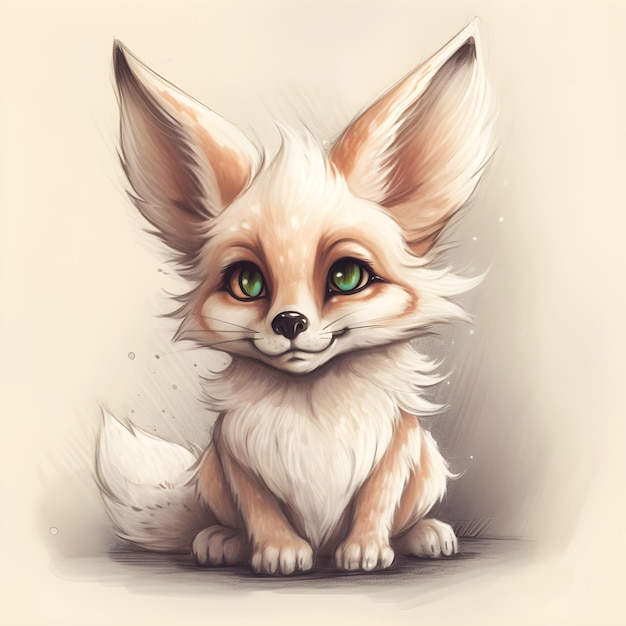 A drawing of a fox with green eyes sits on a beige background.