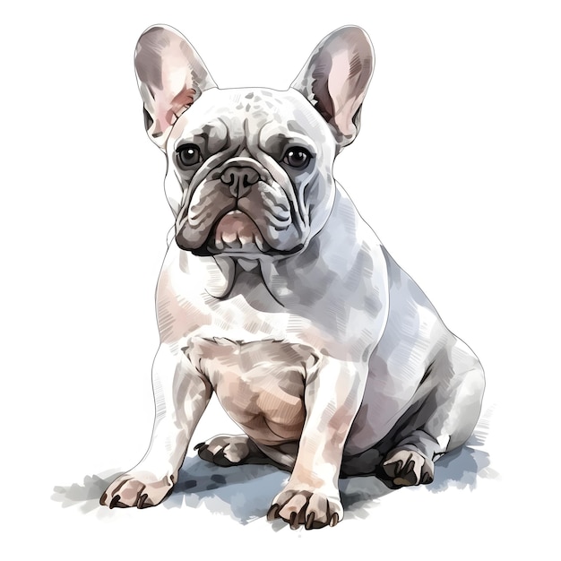 A drawing of a french bulldog that is painted in watercolor.