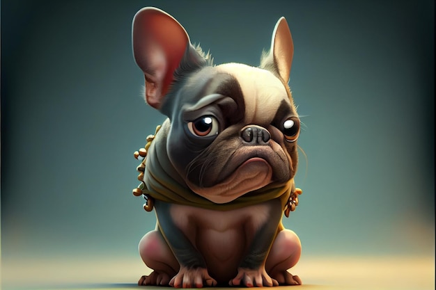 A drawing of a french bulldog with a scarf around its neck.