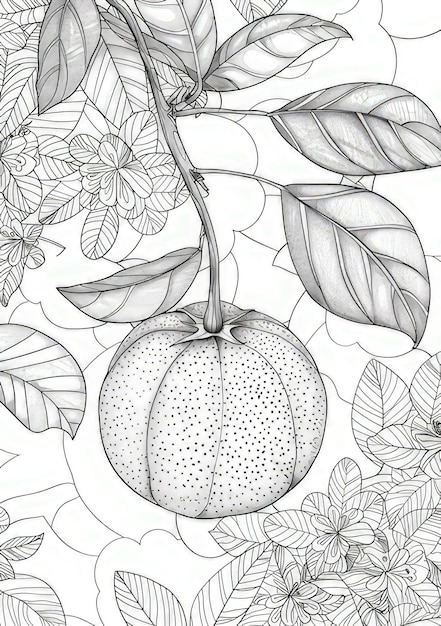 Photo a drawing of a fruit with leaves and flowers