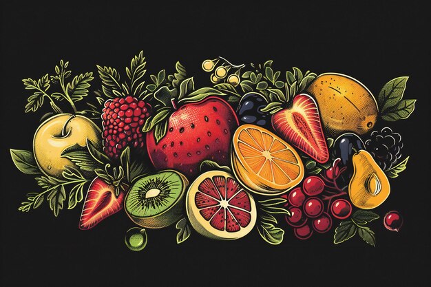 a drawing of fruits and berries on a black background