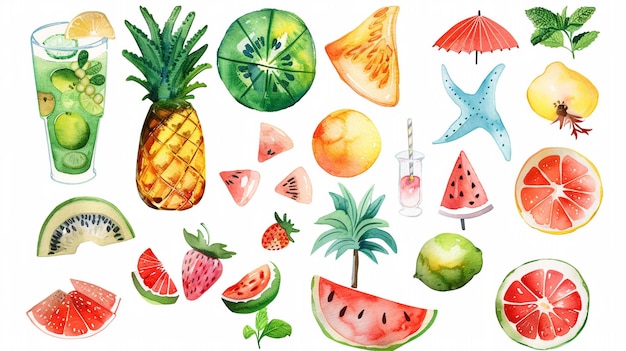 Photo a drawing of fruits and vegetables including a watermelon pineapple and a watermelon