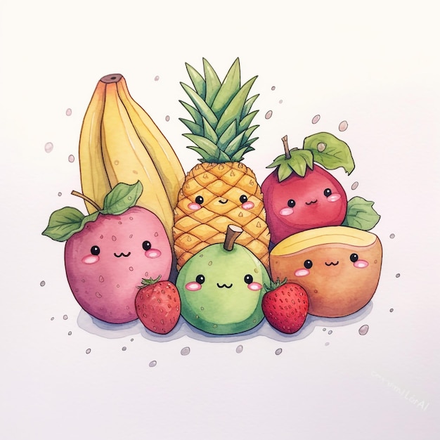 Photo a drawing of fruits with faces and faces that say 