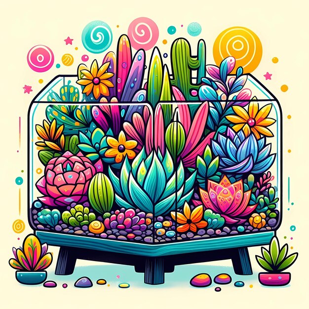 a drawing of a garden with a colorful plant and flowers succulents illustration