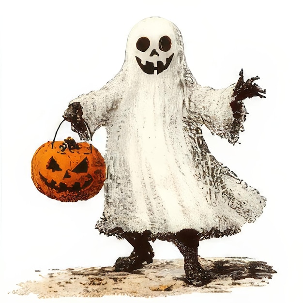 Photo a drawing of a ghost holding a pumpkin that says ghost