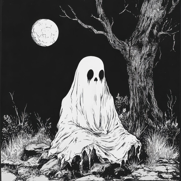 Photo a drawing of a ghost sitting in the grass with a moon in the background