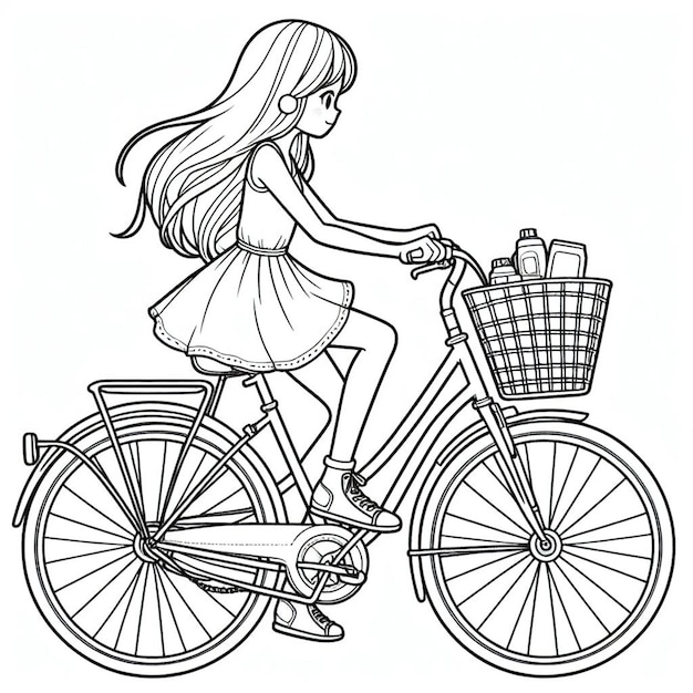 a drawing of a girl on a bike with a basket of bottles