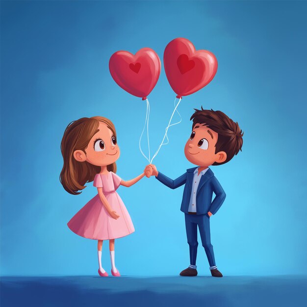 Photo a drawing of a girl and a boy holding balloons with a girl holding a heart shaped balloon