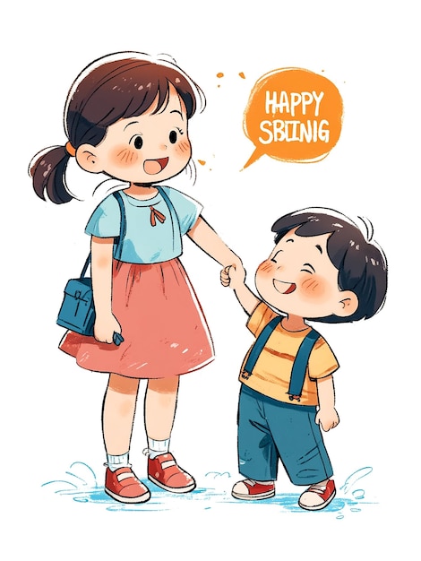 a drawing of a girl and boy holding hands and smiling